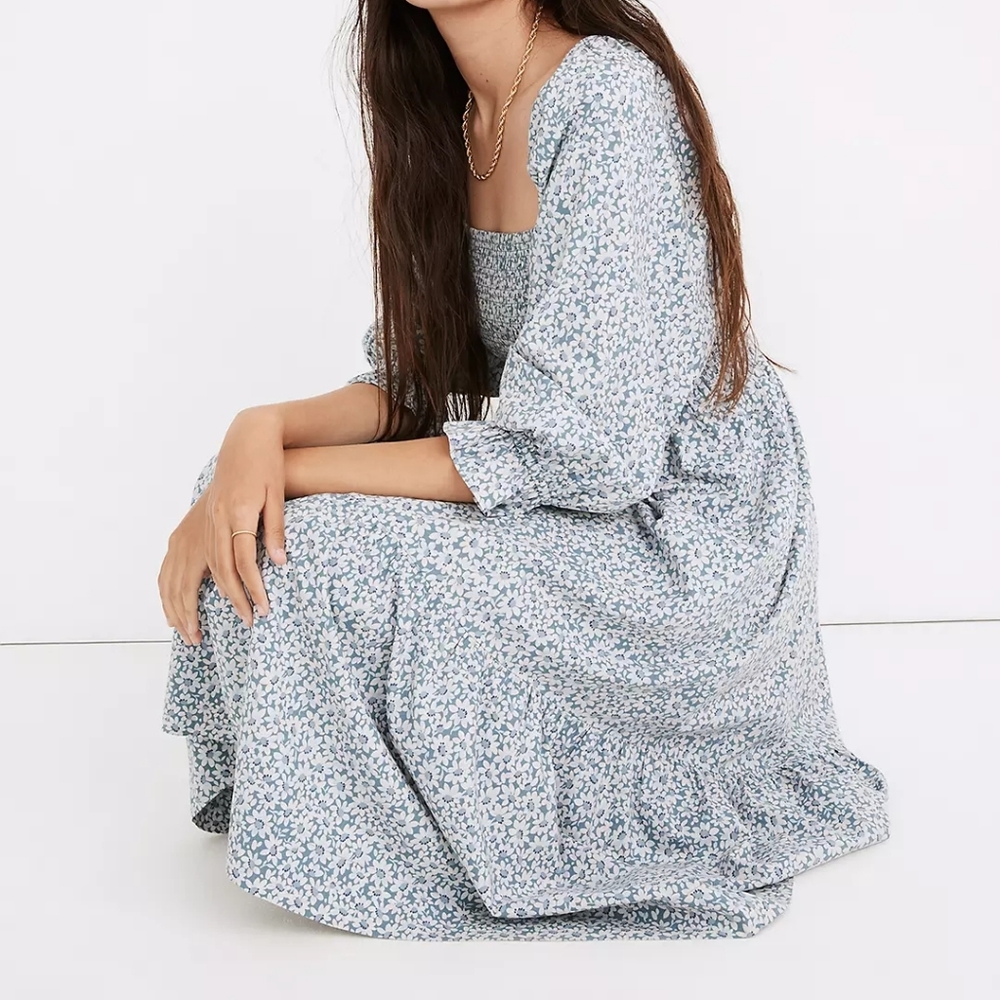 Lucie Elbow-Sleeve Smocked Midi Dress in Sunflower Field medium